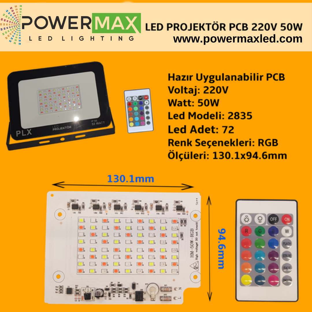 220V 50W SMD 2835 Ledli Hazır Projektör PCB RGB IR Kumandalı