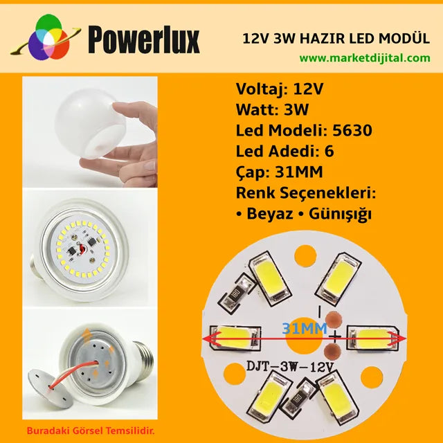 12 Volt 3 Watt SMD 5630 Ledli Hazır Led Modül 31MM Beyaz