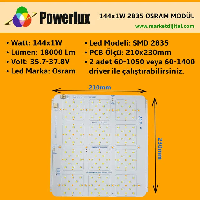 144x1 Watt Osram 2835 Ledli Modül 210x240mm Projektör Beyaz PCB