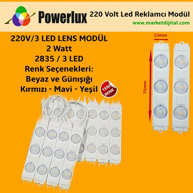 220 Volt 2 Watt Üç Ledli Lensli 2835 Reklamcı Modül Beyaz