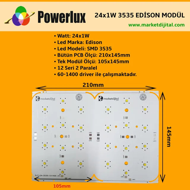 24x3 Watt Edison 3535 Ledli 210x145mm Modül 12 Seri 2 Paralel Beyaz 6500K