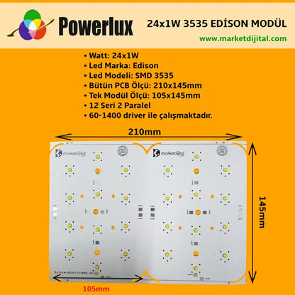 24x3 Watt Edison 3535 Ledli 210x145mm Modül 12 Seri 2 Paralel Beyaz 6500K