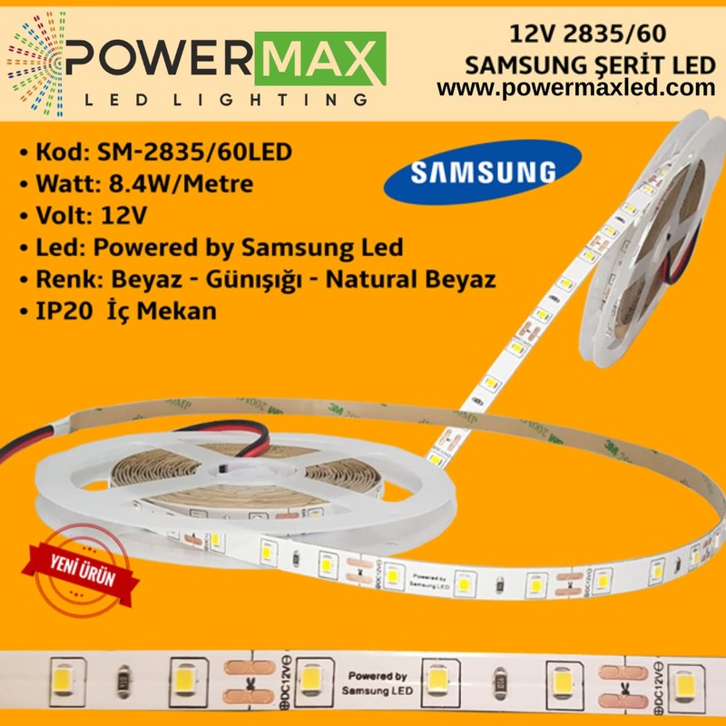 Samsung 12V 2835 Tek Çipli 60 Led Şerit Led