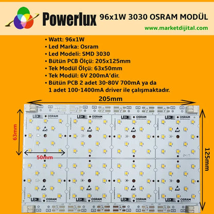 96x1 Watt Osram 3030 Ledli 205x125mm Modül Natural Beyaz 4500 Kelvin