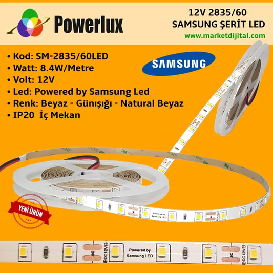 Samsung 12V 2835 Tek Çipli 60 Led Şerit Led IP65 (5 Metre) Günışığı