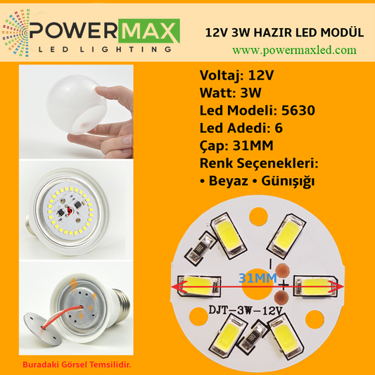 12 Volt 3 Watt SMD 5630 Ledli Hazır Led Modül 31MM