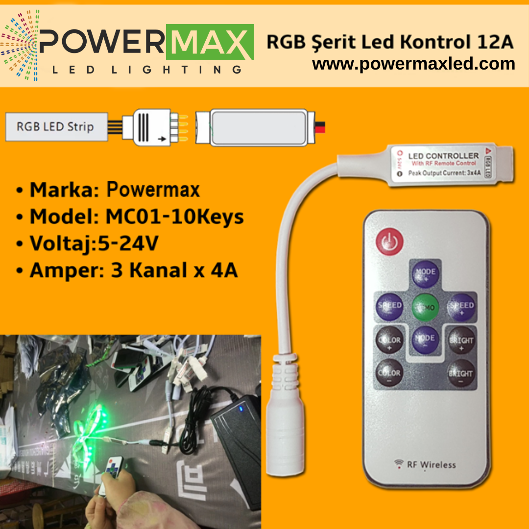 Powermax Mini RGB Şerit Led Kontrol RF Kumandalı 12A 5-24V