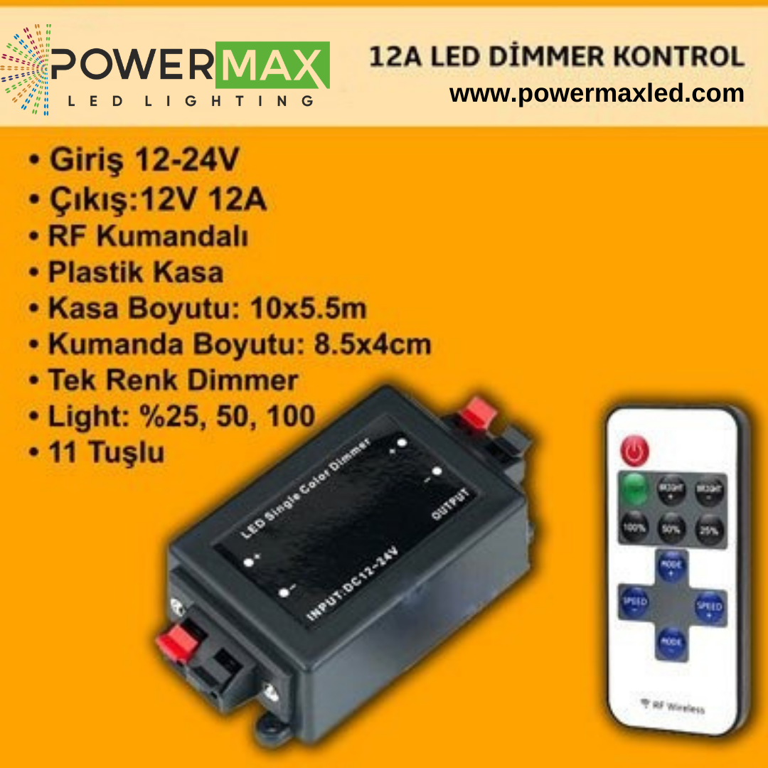 Powermax Şerit Led Kontrol RF Kumandalı Dimmer 12A 12-24V