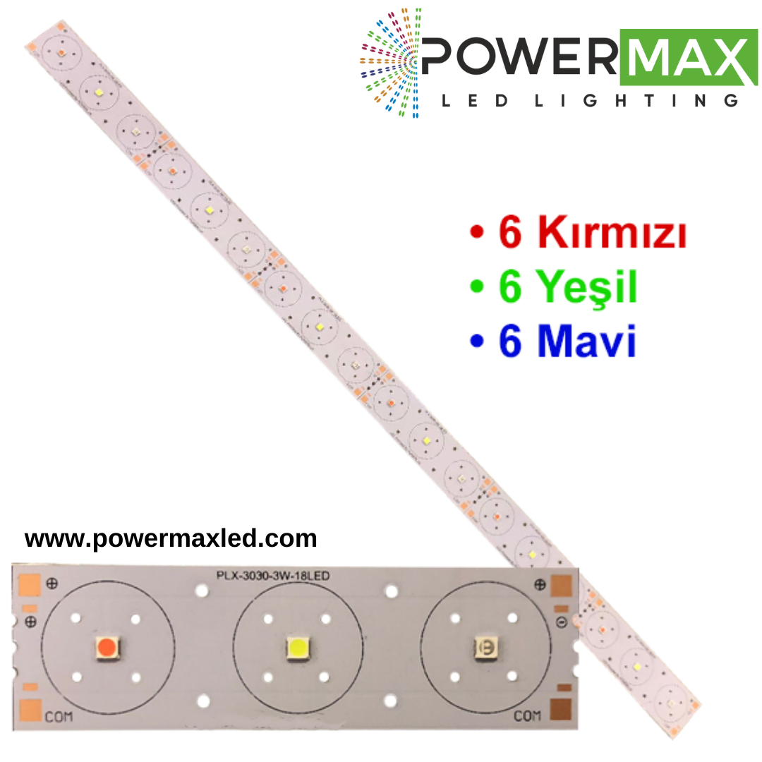 Powermax Tek Renk Pcb 18 Led RGB (6Yeşil 6 Mavi 6 Kırmızı)