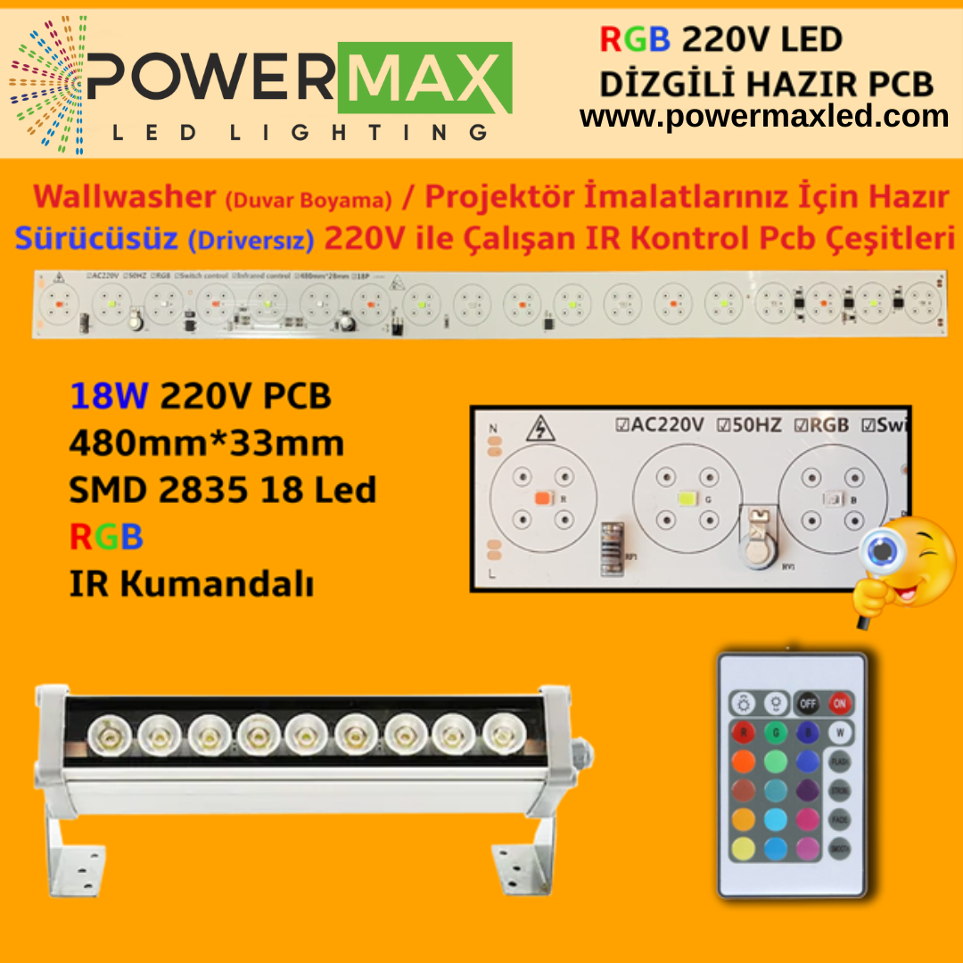 RGB IR Kumandalı 220 Volt 18 Watt SMD 2835 Ledli Hazır Wallwasher PCB