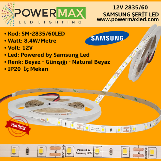 Samsung 12V 2835 Tek Çipli 60 Led Şerit Led (5 Metre)