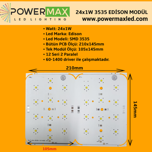 24x3 Watt Edison 3535 Ledli 210x145mm Modül 12 Seri 2 Paralel