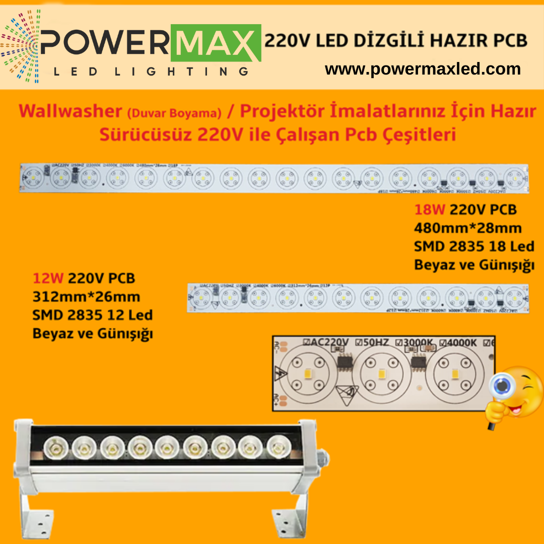 220 Volt 12 Watt SMD 2835 Ledli Hazır Wallwasher PCB