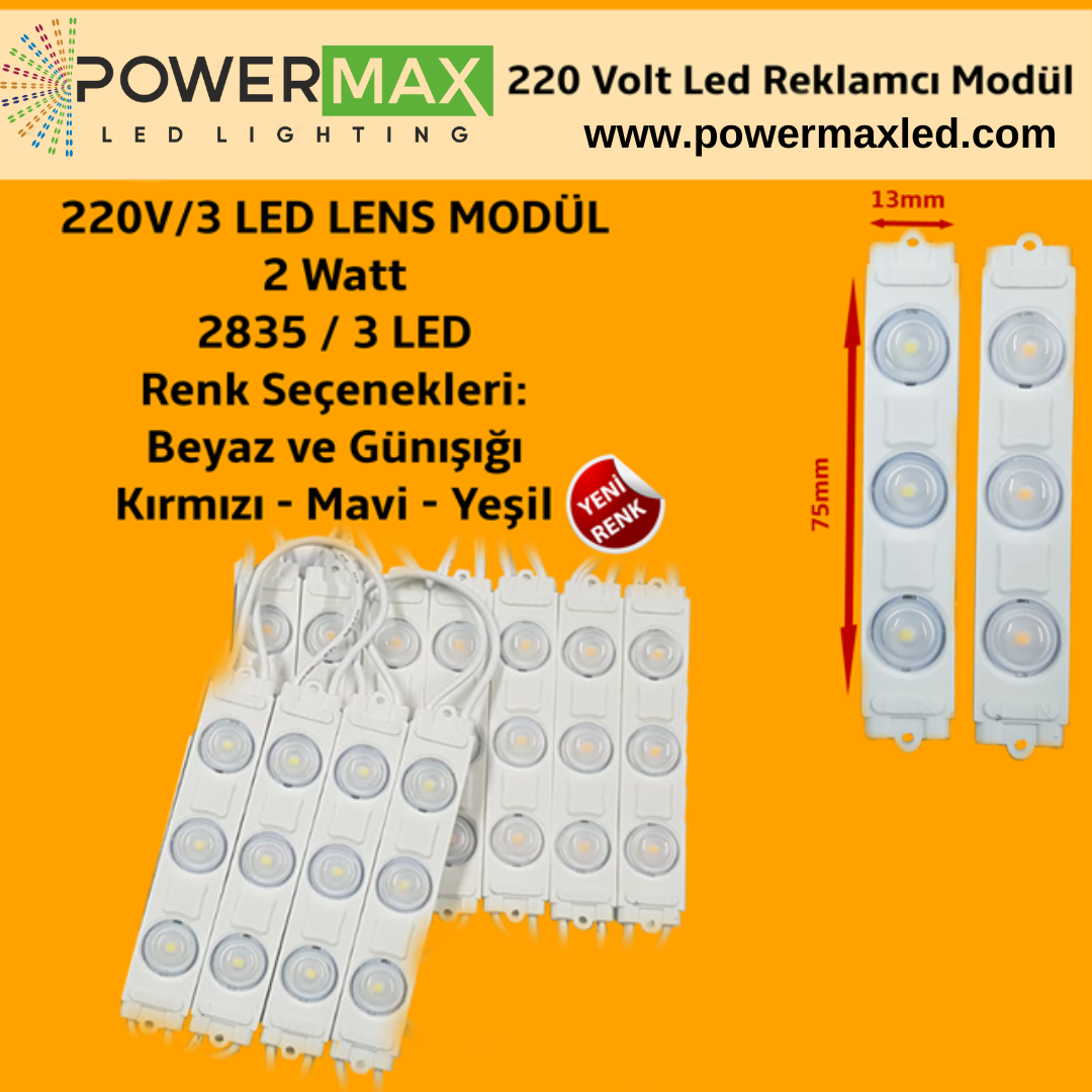 220 Volt 2 Watt Üç Ledli Lensli 2835 Reklamcı Modül