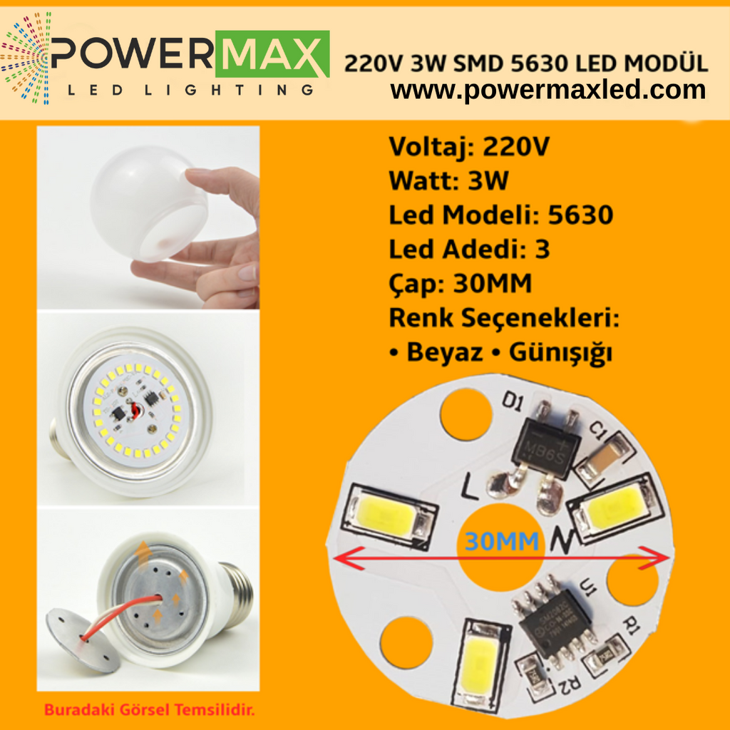 220 Volt 3 Watt SMD 5630 Ledli Hazır Led Modül 30MM