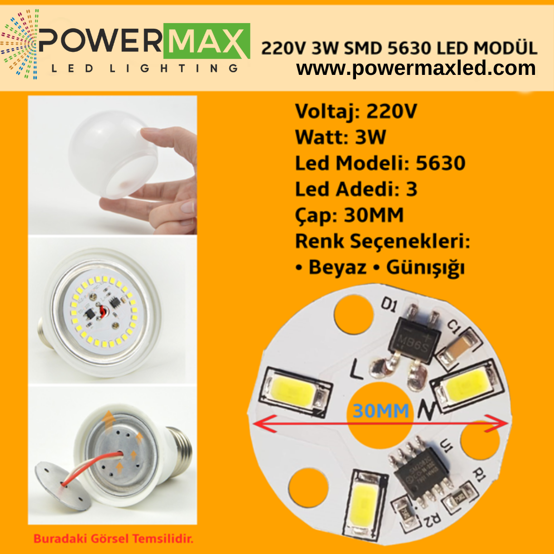 220 Volt 3 Watt SMD 5630 Ledli Hazır Led Modül 30MM