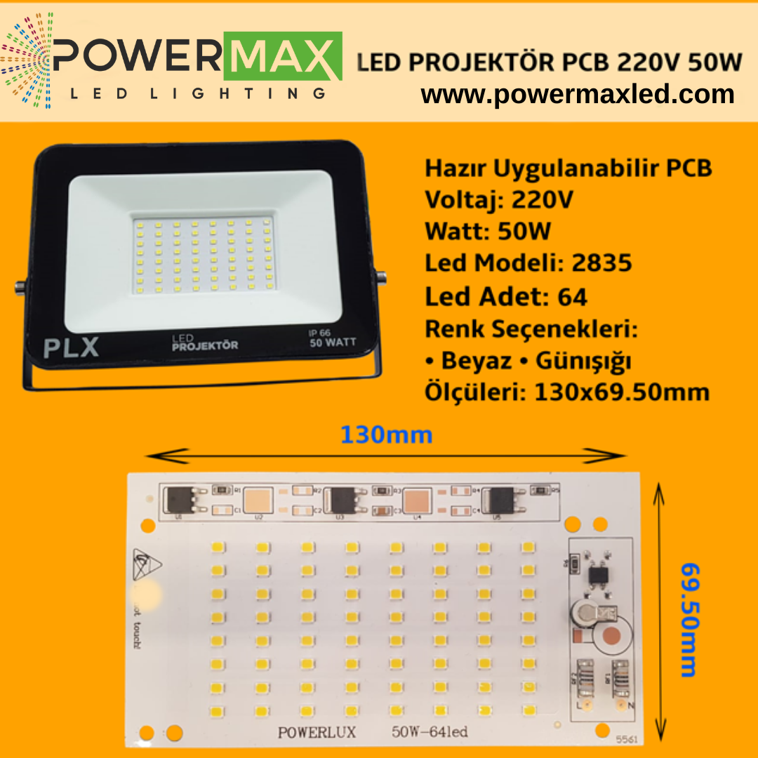 220V 50W SMD 2835 Ledli Hazır Projektör PCB – POWERMAX LED LIGHTING