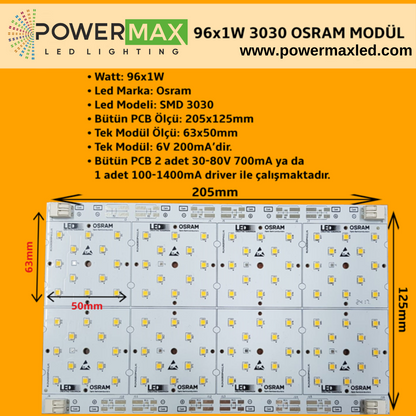 96x1 Watt Osram 3030 Ledli 205x125mm Modül