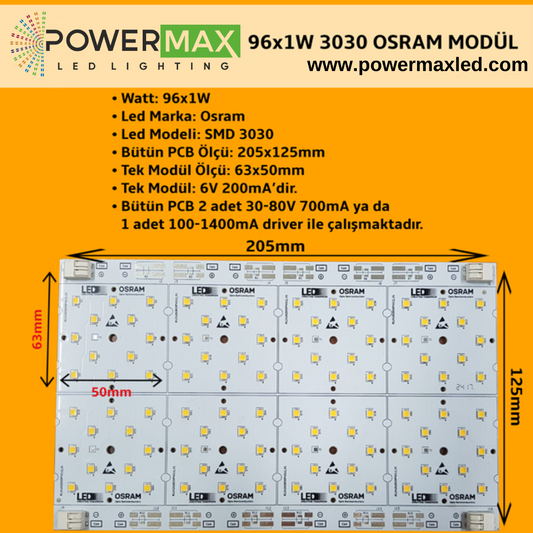 96x1 Watt Osram 3030 Ledli 205x125mm Modül