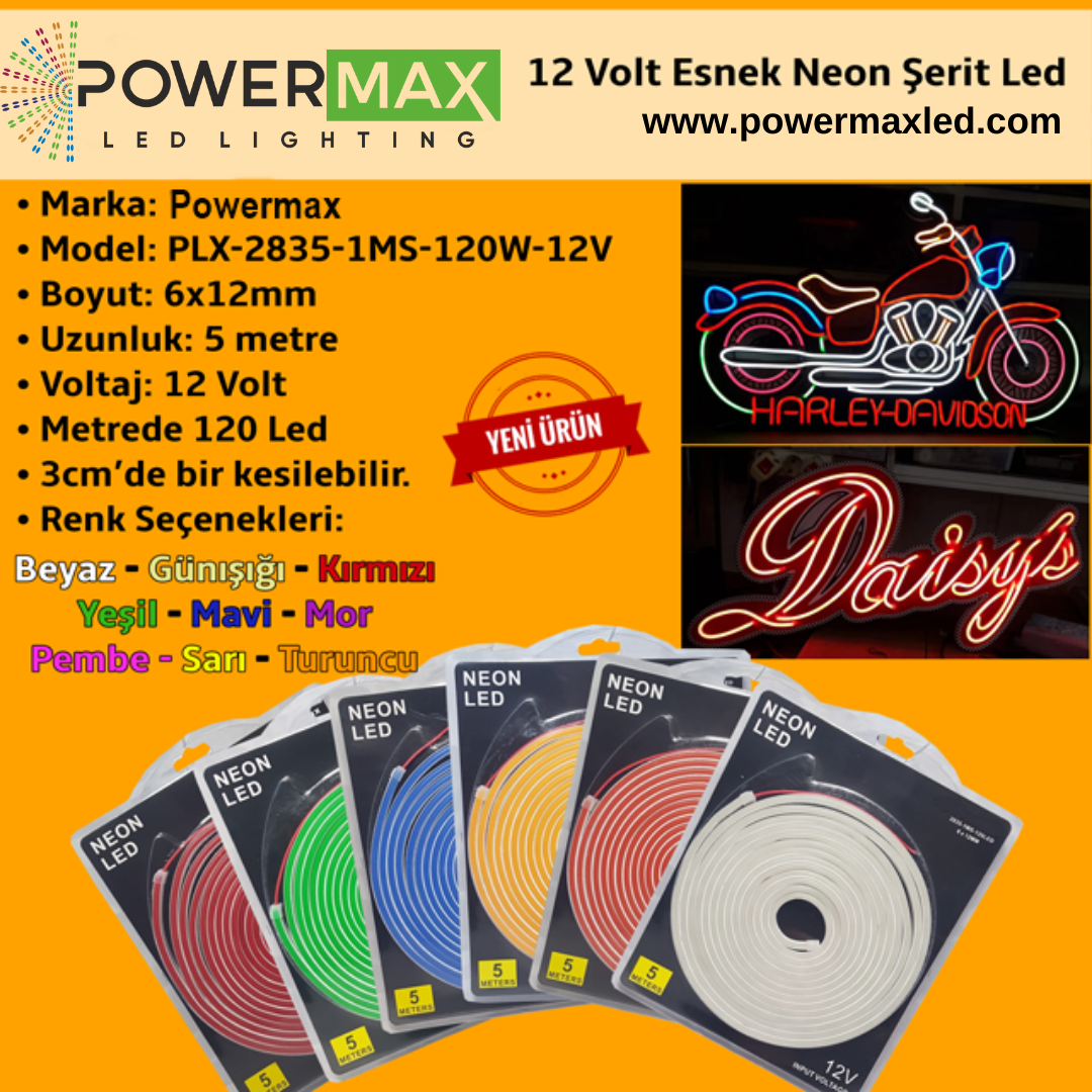 Powermax A Kalite 12 Volt 6x12mm Esnek Neon Led (5 Metre)