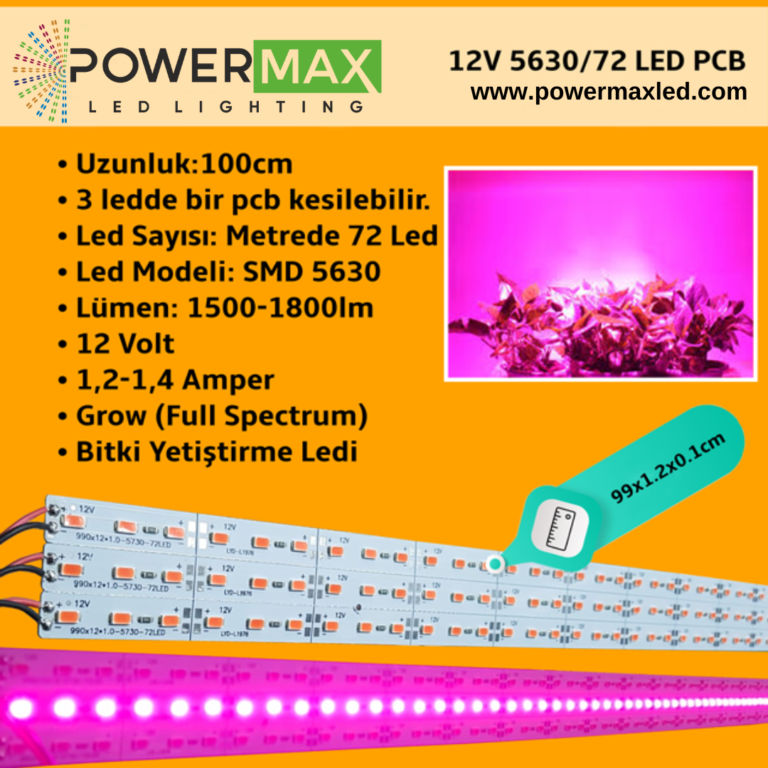 12 Volt 5630 Ledli Led Bar Alüminyum Çubuk 72 Ledli Grow (Full Spectrum)